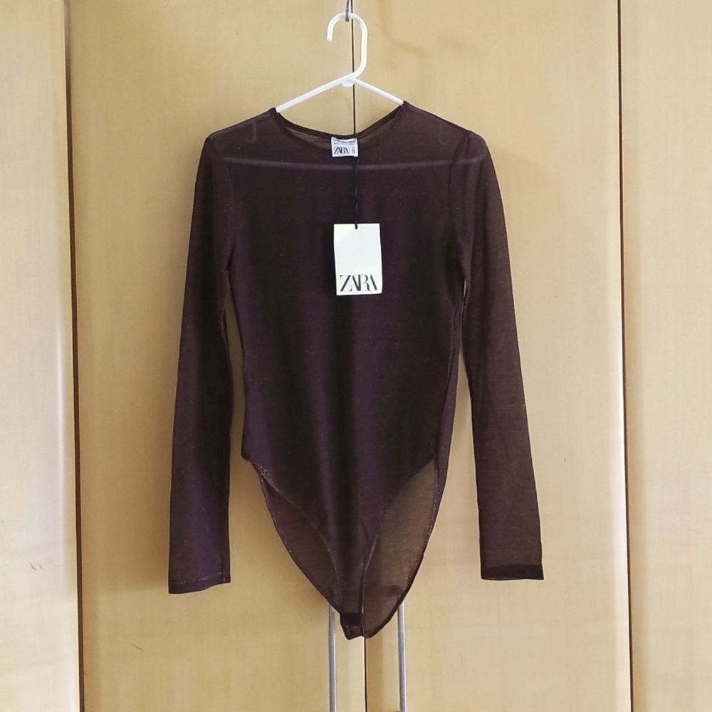 Zara Sheer brown and copper long sleeve bodysuit - Large